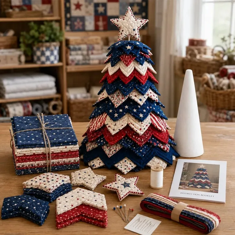 🔥 LAST DAY 70% OFF -🎄Americana Christmas Tree Quilt Kit – Easy Layered Fabric Holiday Décor for Quilting Lovers