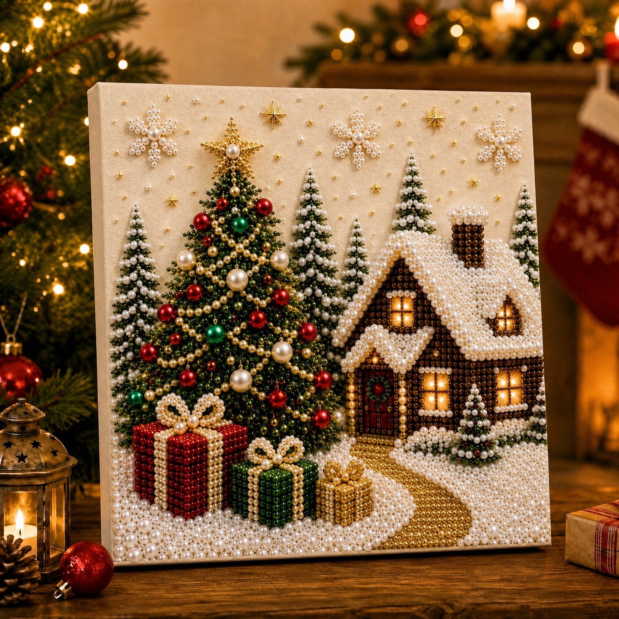 LSAT DAY 75% OFF 🎄🎅 Premium 3D Pearl Christmas Wall Art Kit | Luxury Flocked Canvas with Scratch-Resistant Non-Fading Pearl Beads DIY Holiday Decor ⛄️❄️