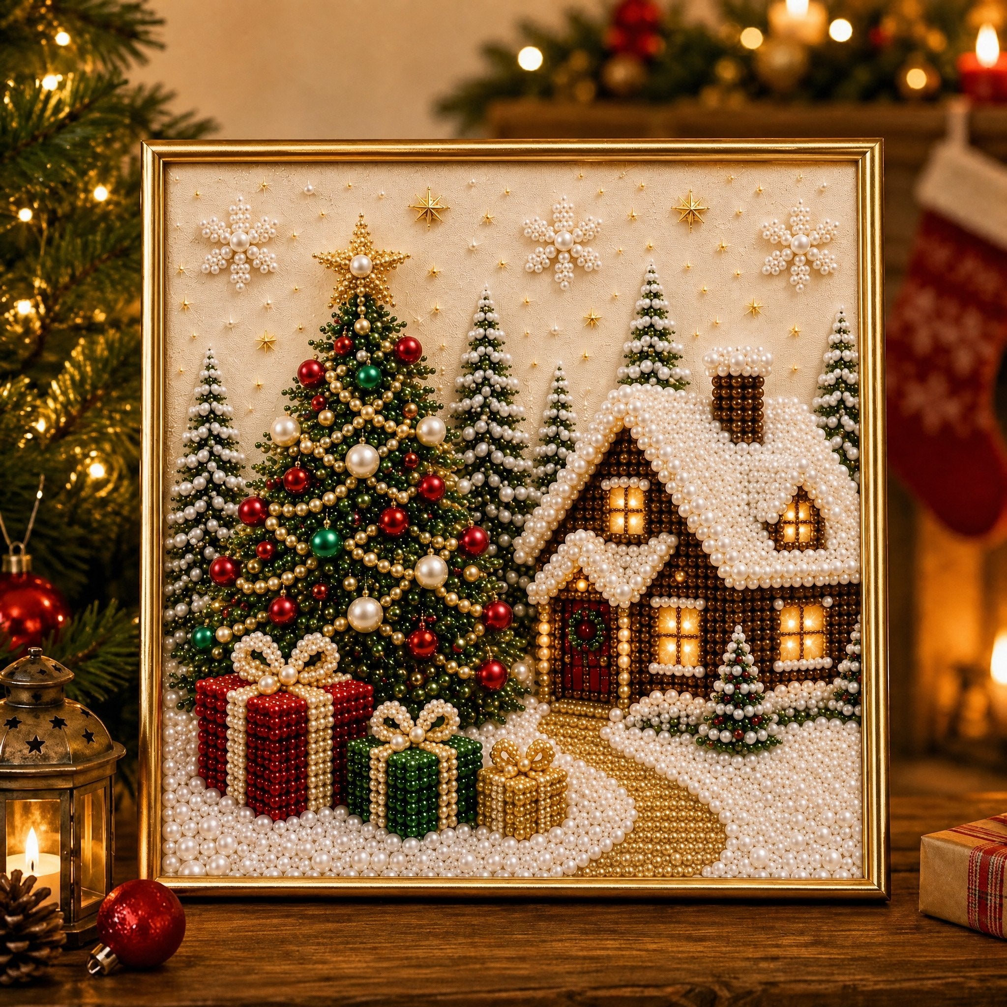 LSAT DAY 75% OFF 🎄🎅 Premium 3D Pearl Christmas Wall Art Kit | Luxury Flocked Canvas with Scratch-Resistant Non-Fading Pearl Beads DIY Holiday Decor ⛄️❄️